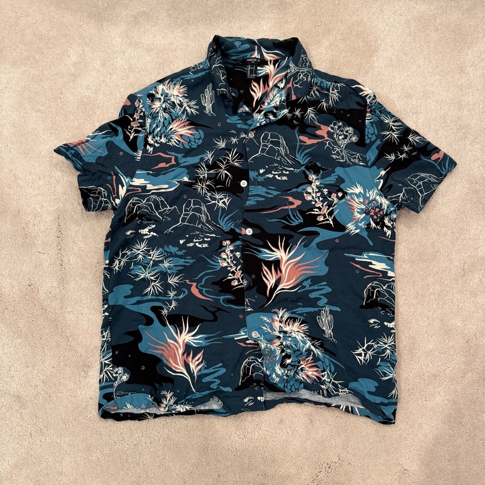 Forever 21 Men's Navy and Coral Print Shirt